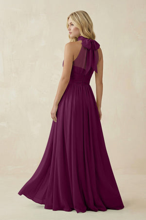 Illusion Halter A - Line Chiffon Bridesmaid Gown in Fig - SHE IS ME Bridesmaid Dresses