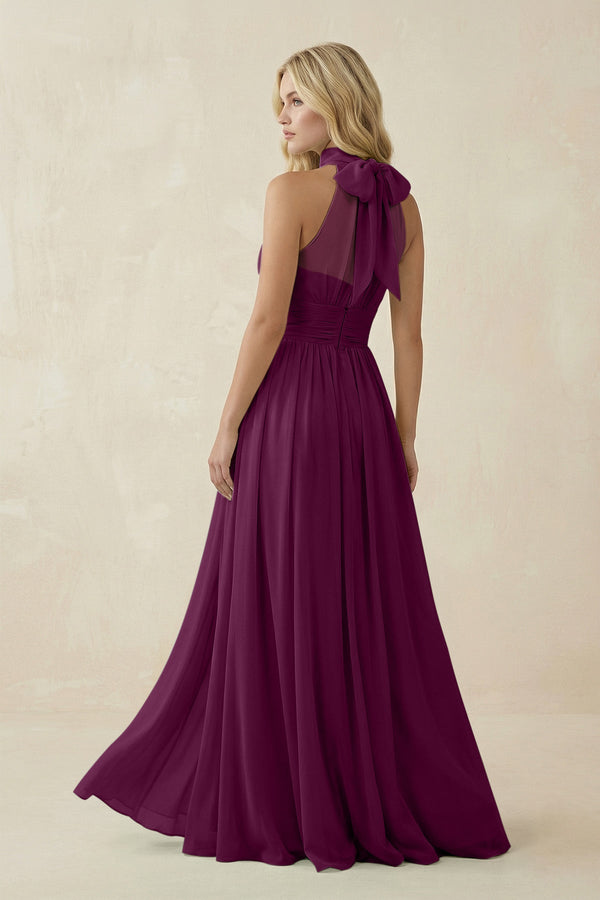 Illusion Halter A - Line Chiffon Bridesmaid Gown in Fig - SHE IS ME Bridesmaid Dresses