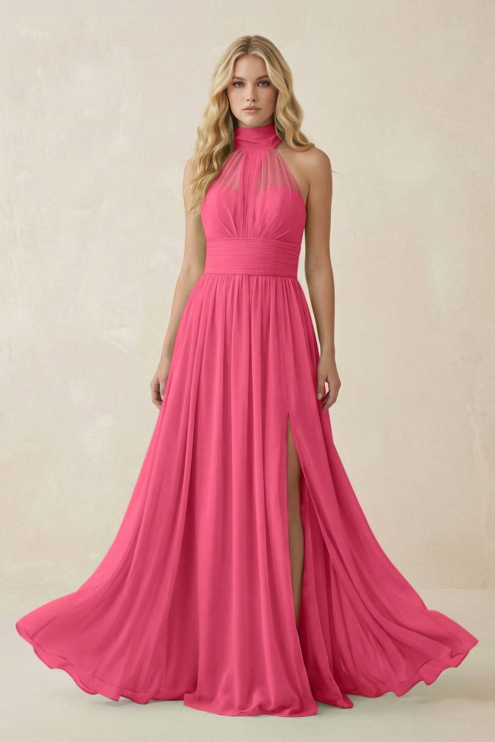 Illusion Halter A - Line Chiffon Bridesmaid Gown in Fuchsia - SHE IS ME Bridesmaid Dresses