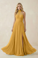 Illusion Halter A - Line Chiffon Bridesmaid Gown in Marigold - SHE IS ME Bridesmaid Dresses