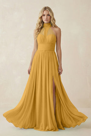 Illusion Halter A - Line Chiffon Bridesmaid Gown in Marigold - SHE IS ME Bridesmaid Dresses