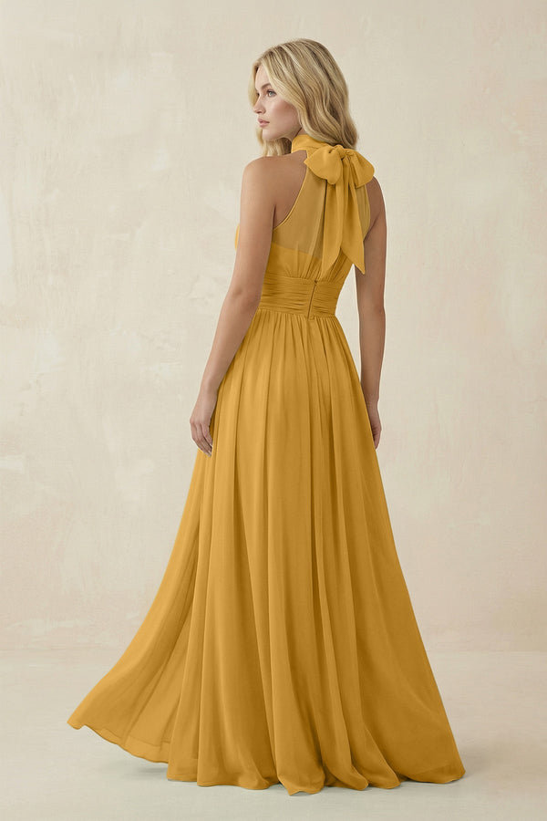 Illusion Halter A - Line Chiffon Bridesmaid Gown in Marigold - SHE IS ME Bridesmaid Dresses