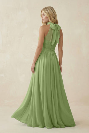 Illusion Halter A - Line Chiffon Bridesmaid Gown in Matcha - SHE IS ME Bridesmaid Dresses