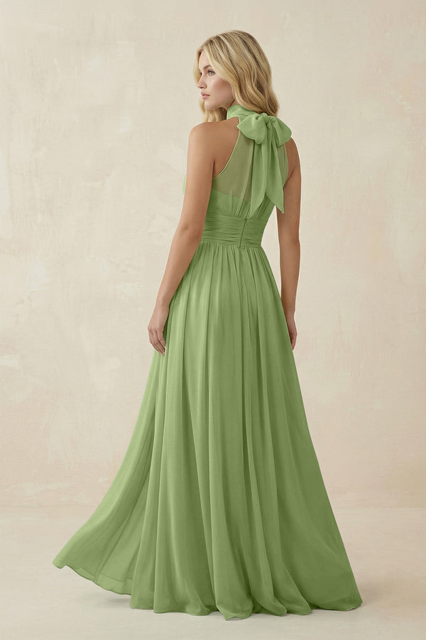 Illusion Halter A - Line Chiffon Bridesmaid Gown in Matcha - SHE IS ME Bridesmaid Dresses