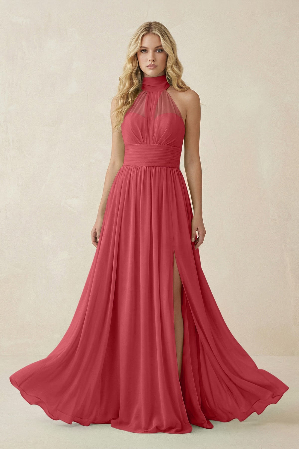 Illusion Halter A - Line Chiffon Bridesmaid Gown in Merlot - SHE IS ME Bridesmaid Dresses
