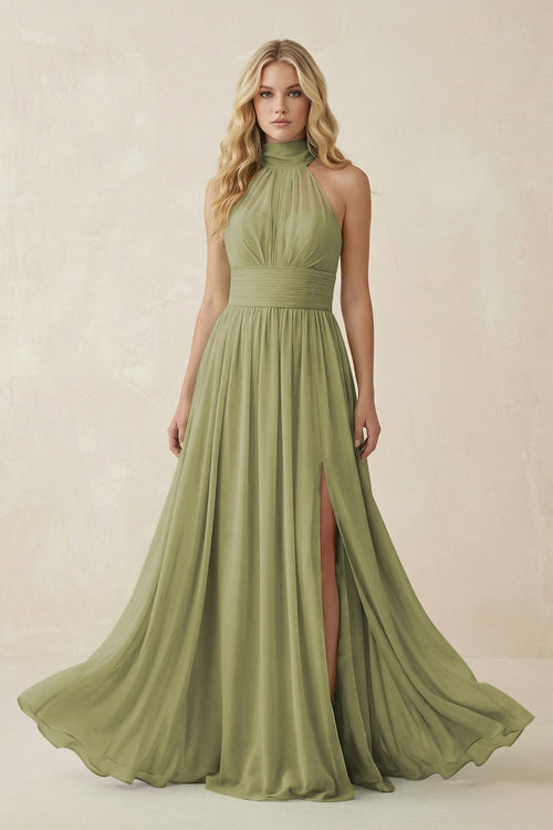 Illusion Halter A - Line Chiffon Bridesmaid Gown in Moss - SHE IS ME Bridesmaid Dresses
