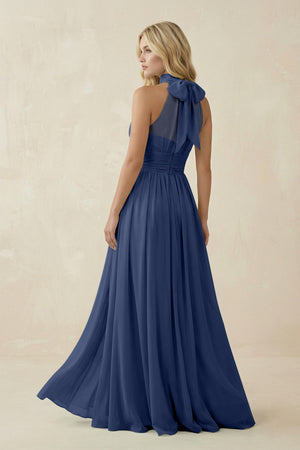 Illusion Halter A - Line Chiffon Bridesmaid Gown in Navy - SHE IS ME Bridesmaid Dresses