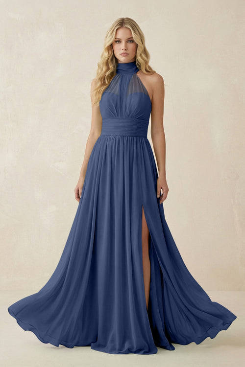 Illusion Halter A - Line Chiffon Bridesmaid Gown in Navy - SHE IS ME Bridesmaid Dresses