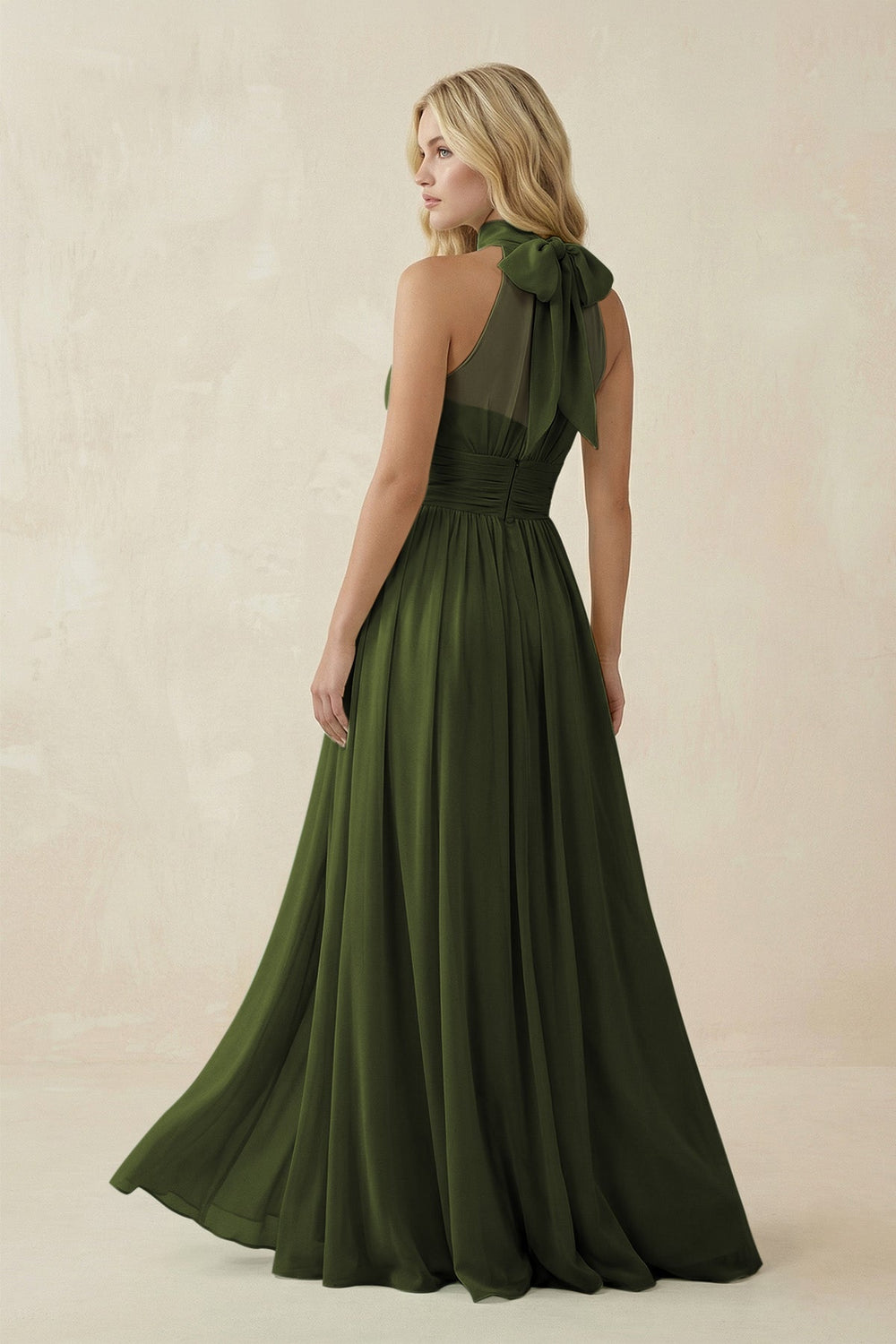 Illusion Halter A - Line Chiffon Bridesmaid Gown in Olive - SHE IS ME Bridesmaid Dresses