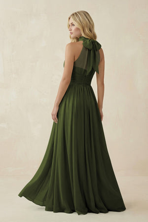 Illusion Halter A - Line Chiffon Bridesmaid Gown in Olive - SHE IS ME Bridesmaid Dresses