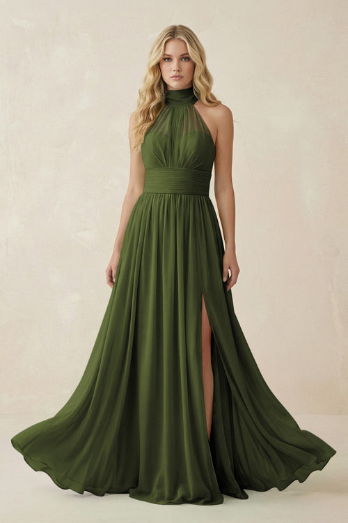 Illusion Halter A - Line Chiffon Bridesmaid Gown in Olive - SHE IS ME Bridesmaid Dresses