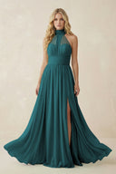 Illusion Halter A - Line Chiffon Bridesmaid Gown in Pine - SHE IS ME Bridesmaid Dresses
