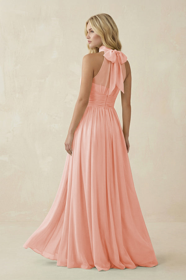 Illusion Halter A - Line Chiffon Bridesmaid Gown in Rose Petal - SHE IS ME Bridesmaid Dresses