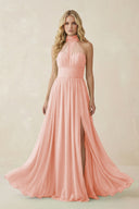 Illusion Halter A - Line Chiffon Bridesmaid Gown in Rose Petal - SHE IS ME Bridesmaid Dresses
