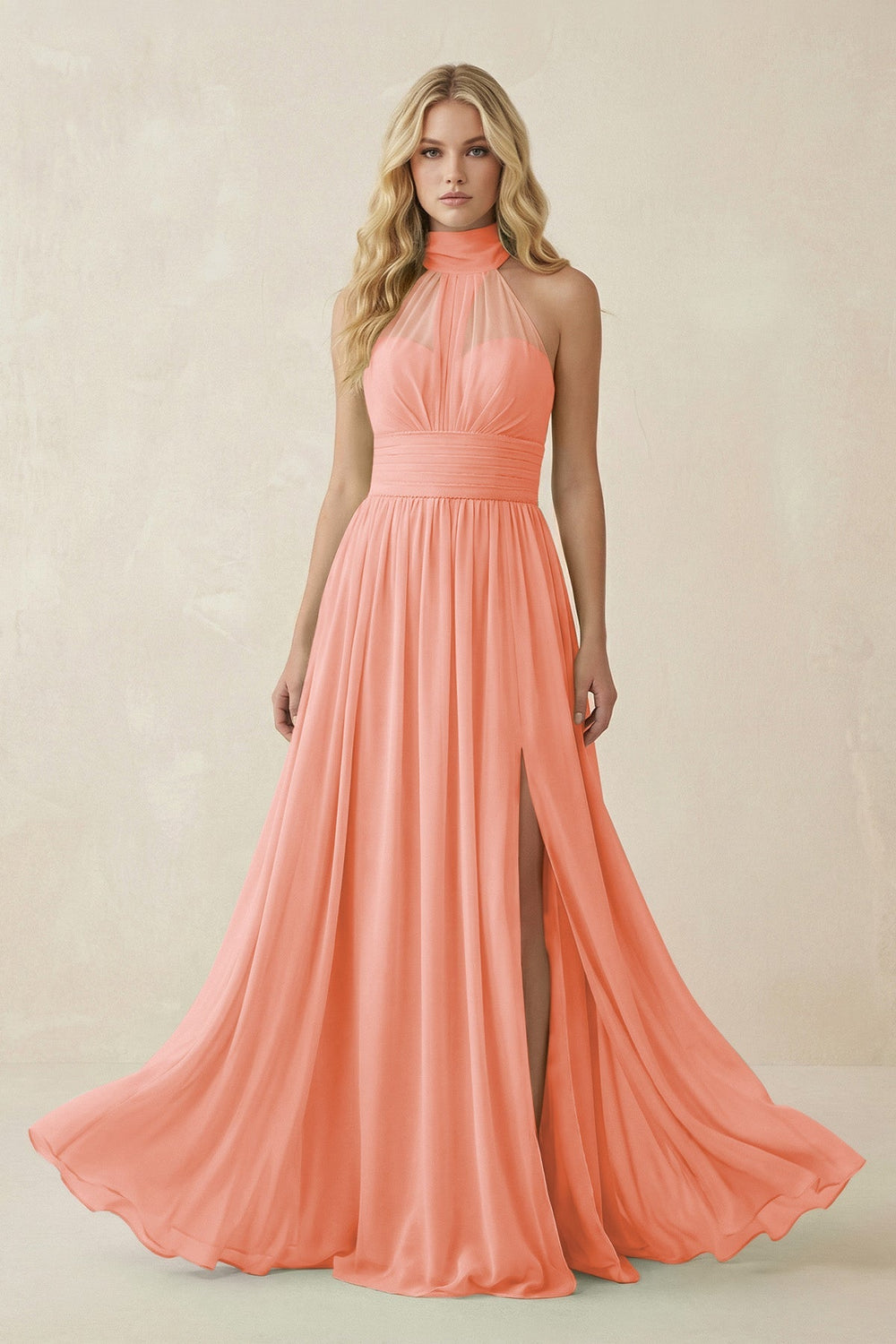 Illusion Halter A - Line Chiffon Bridesmaid Gown in Rosette - SHE IS ME Bridesmaid Dresses