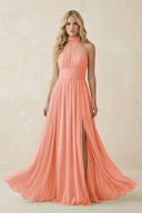 Illusion Halter A - Line Chiffon Bridesmaid Gown in Rosette - SHE IS ME Bridesmaid Dresses