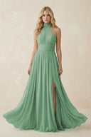 Illusion Halter A - Line Chiffon Bridesmaid Gown in Sea Glass - SHE IS ME Bridesmaid Dresses