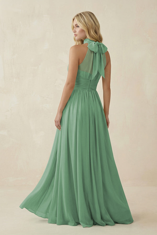 Illusion Halter A - Line Chiffon Bridesmaid Gown in Sea Glass - SHE IS ME Bridesmaid Dresses
