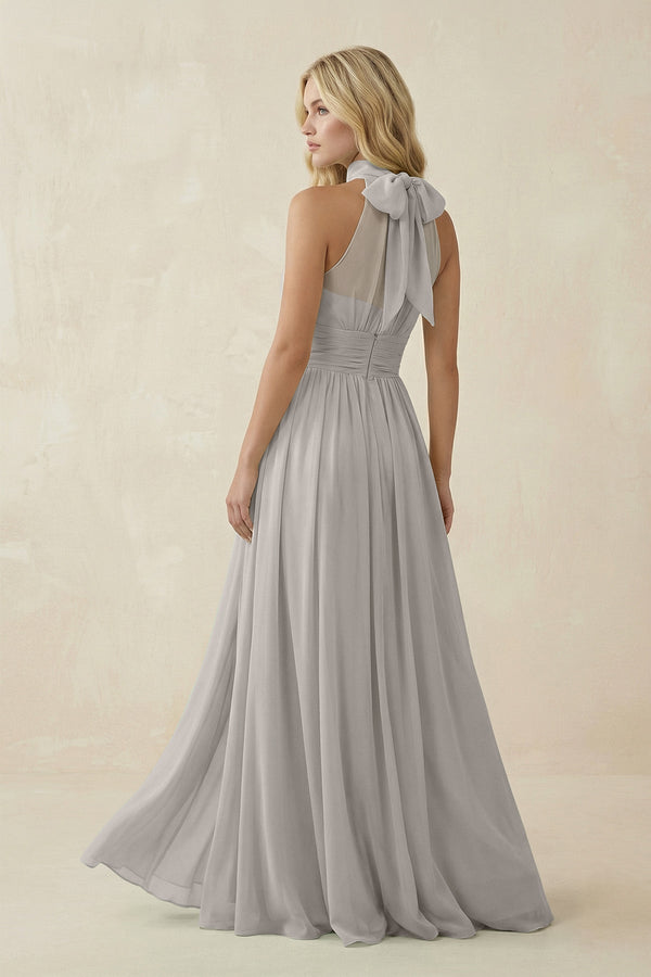 Illusion Halter A - Line Chiffon Bridesmaid Gown in Silver - SHE IS ME Bridesmaid Dresses