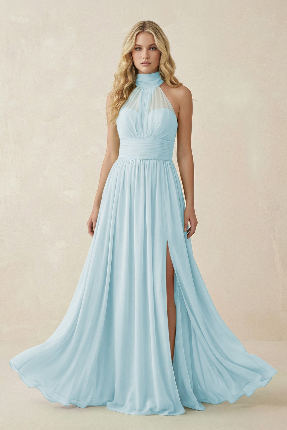 Illusion Halter A - Line Chiffon Bridesmaid Gown in Sky Blue - SHE IS ME Bridesmaid Dresses