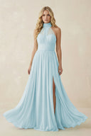 Illusion Halter A - Line Chiffon Bridesmaid Gown in Sky Blue - SHE IS ME Bridesmaid Dresses