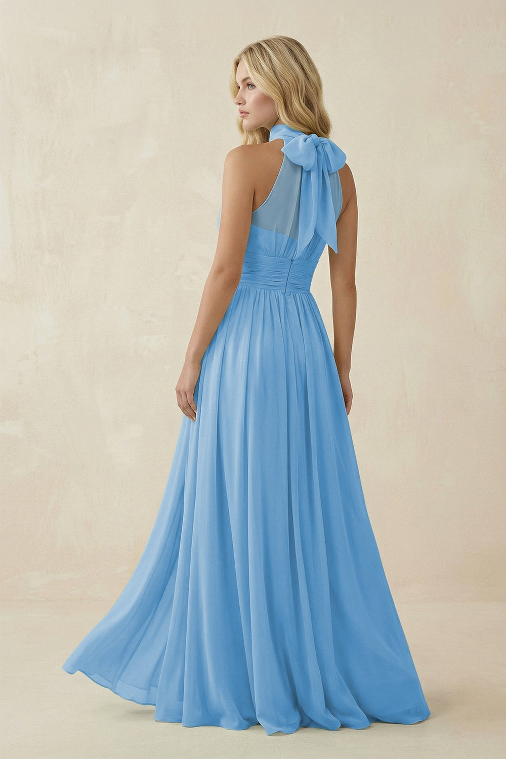 Illusion Halter A - Line Chiffon Bridesmaid Gown in Steel Blue - SHE IS ME Bridesmaid Dresses