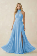 Illusion Halter A - Line Chiffon Bridesmaid Gown in Steel Blue - SHE IS ME Bridesmaid Dresses