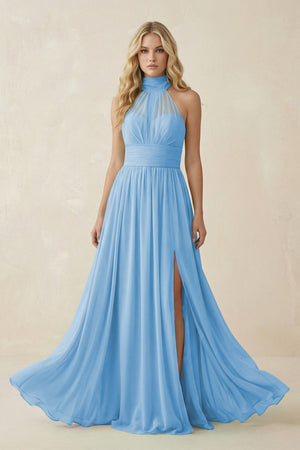 Illusion Halter A - Line Chiffon Bridesmaid Gown in Steel Blue - SHE IS ME Bridesmaid Dresses