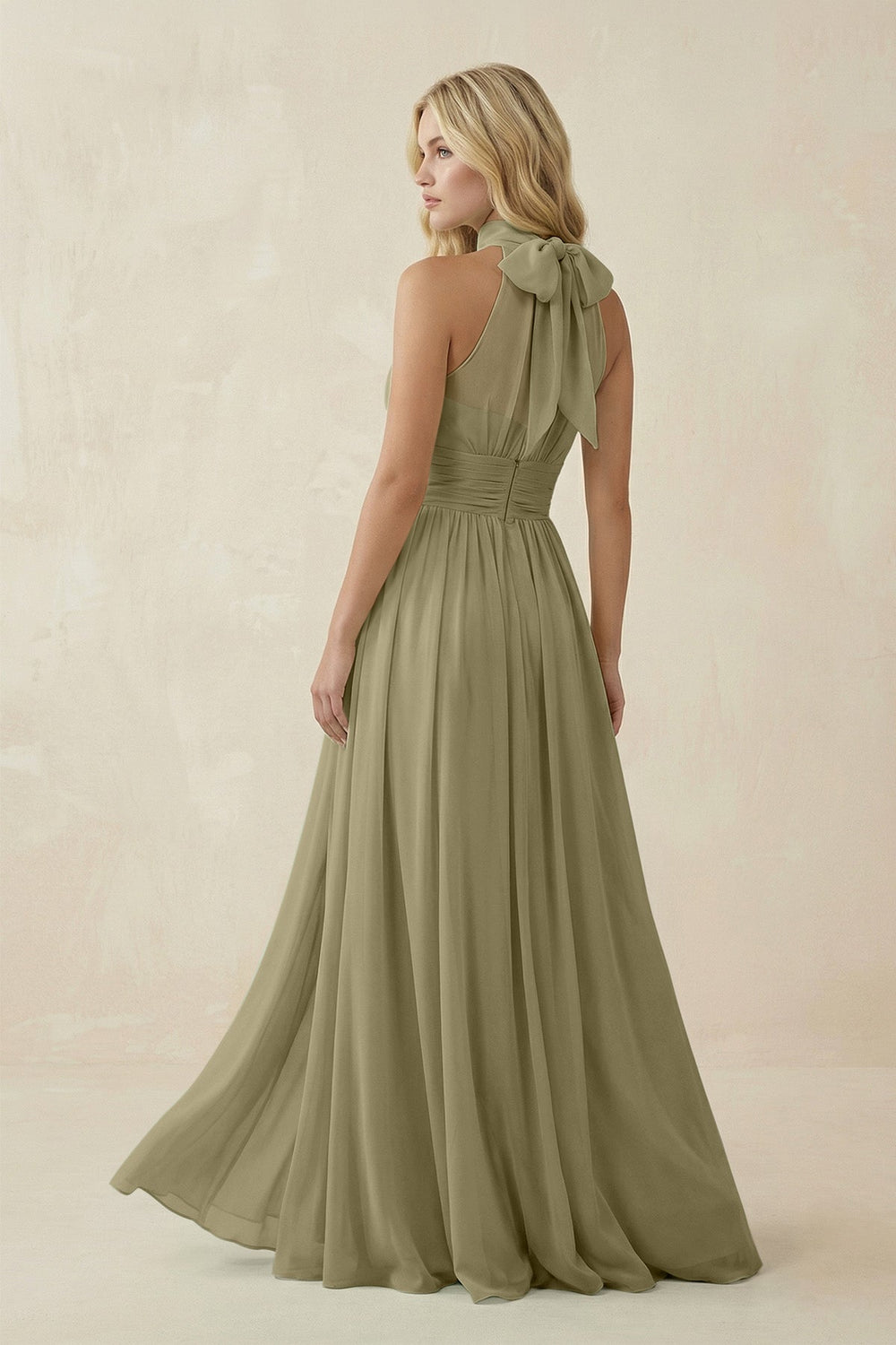 Illusion Halter A - Line Chiffon Bridesmaid Gown in Thyme - SHE IS ME Bridesmaid Dresses