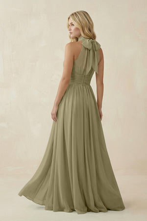 Illusion Halter A - Line Chiffon Bridesmaid Gown in Thyme - SHE IS ME Bridesmaid Dresses