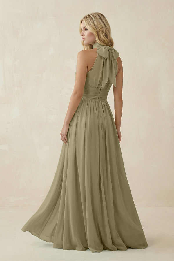 Illusion Halter A - Line Chiffon Bridesmaid Gown in Thyme - SHE IS ME Bridesmaid Dresses