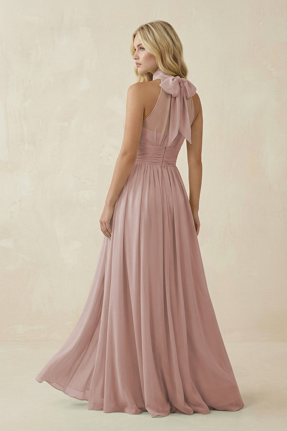 Illusion Halter A - Line Chiffon Bridesmaid Gown in Toffee - SHE IS ME Bridesmaid Dresses