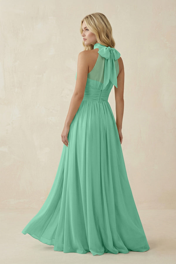 Illusion Halter A - Line Chiffon Bridesmaid Gown in Turquoise - SHE IS ME Bridesmaid Dresses