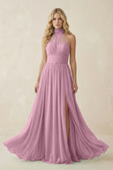 Illusion Halter A - Line Chiffon Bridesmaid Gown in Vintage Mauve - SHE IS ME Bridesmaid Dresses
