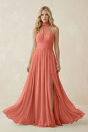 Illusion Halter A - Line Chiffon Bridesmaid Gown in Wild Rose - SHE IS ME Bridesmaid Dresses
