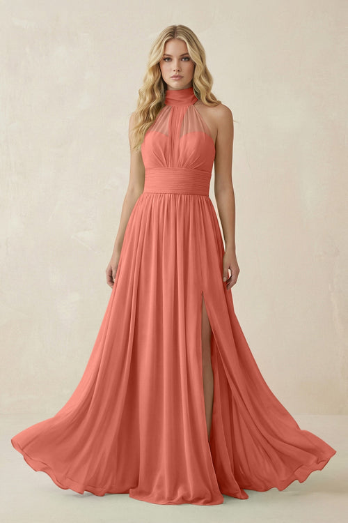 Illusion Halter A - Line Chiffon Bridesmaid Gown in Wild Rose - SHE IS ME Bridesmaid Dresses