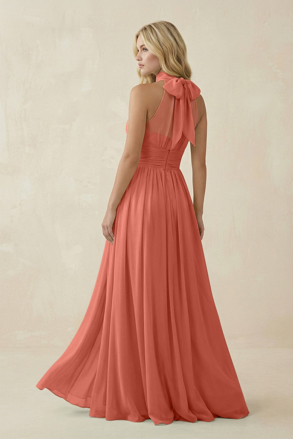 Illusion Halter A - Line Chiffon Bridesmaid Gown in Wild Rose - SHE IS ME Bridesmaid Dresses