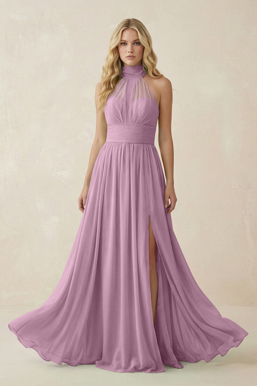 Illusion Halter A - Line Chiffon Bridesmaid Gown in Wisteria - SHE IS ME Bridesmaid Dresses