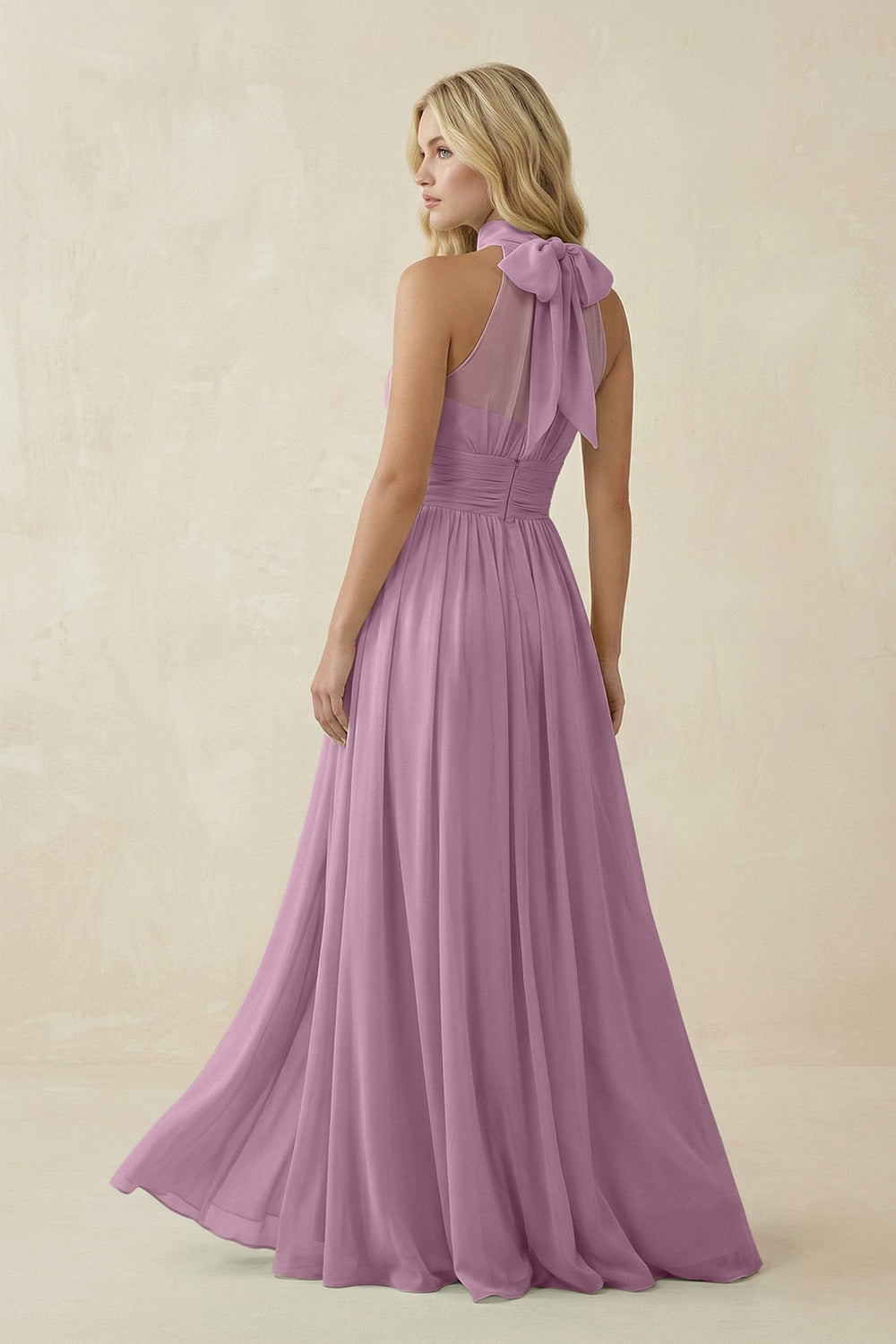Illusion Halter A - Line Chiffon Bridesmaid Gown in Wisteria - SHE IS ME Bridesmaid Dresses