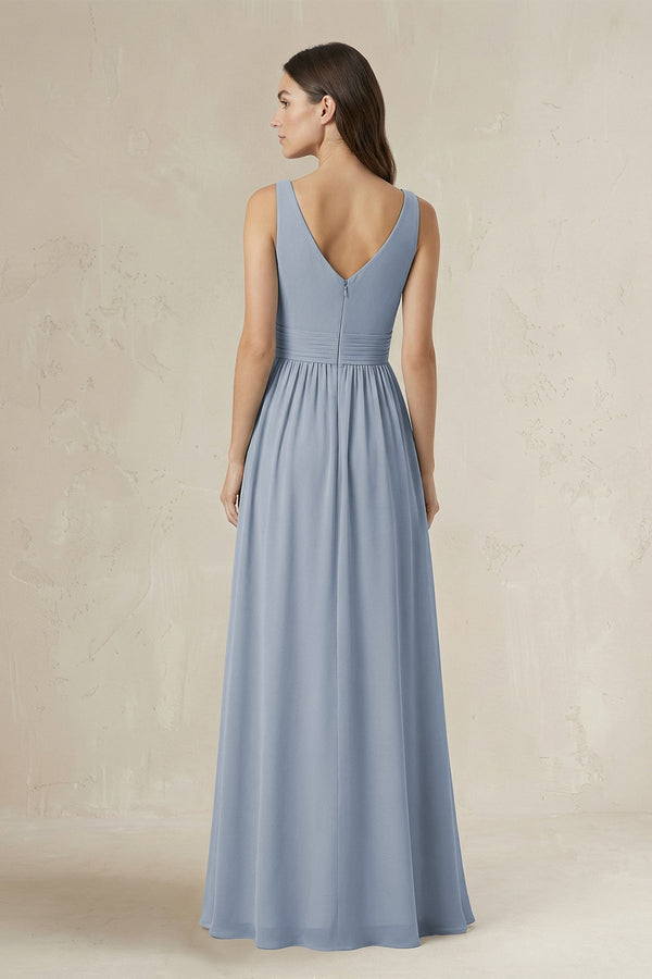 Illusion V - Neck A - Line Ruched Bridesmaid Dress in Twilight - SHE IS ME Bridesmaid Dresses