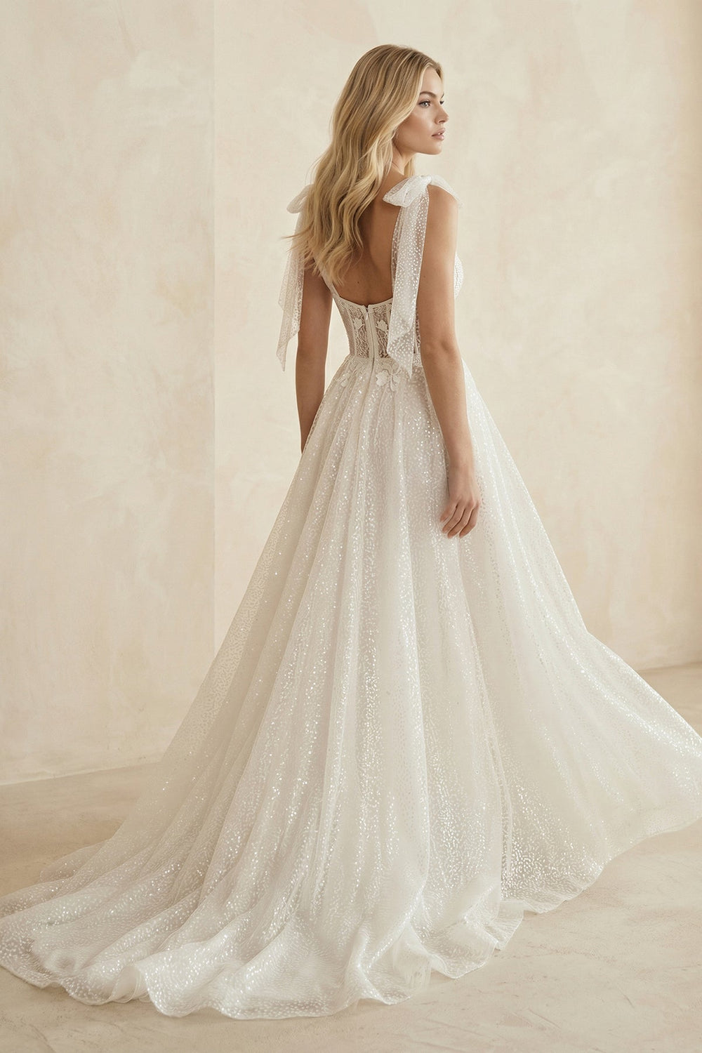 Ivory Glitter Tulle A - Line Wedding Dress with Slit - SHE IS ME Wedding Dresses