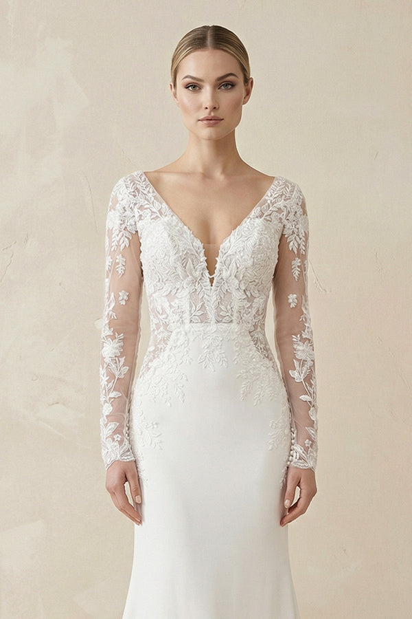 Ivory Lace Long Sleeve Mermaid Wedding Dress - SHE IS ME Wedding Dresses
