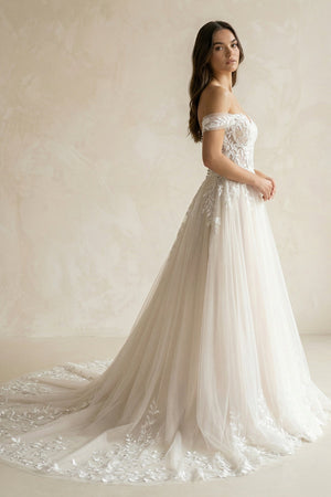 Ivory Off - the - Shoulder Lace A - Line Wedding Dress - SHE IS ME Wedding Dresses