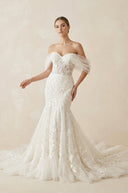 Ivory Off - the - Shoulder Lace Mermaid Wedding Dress - SHE IS ME Wedding Dresses