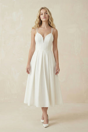 Ivory Satin V - Neck A - Line Midi Wedding Dress - SHE IS ME Wedding Dresses