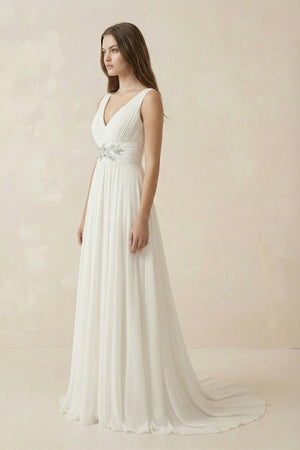 Ivory V - Neck Chiffon A - Line Wedding Dress - SHE IS ME Wedding Dresses