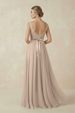 Lace A - Line Bateau Neck Chiffon Long Bridesmaid Dress in Almond - SHE IS ME Bridesmaid Dresses