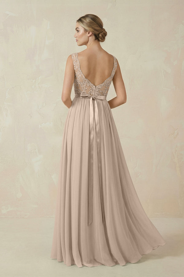 Lace A - Line Bateau Neck Chiffon Long Bridesmaid Dress in Almond - SHE IS ME Bridesmaid Dresses
