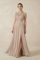 Lace A - Line Bateau Neck Chiffon Long Bridesmaid Dress in Almond - SHE IS ME Bridesmaid Dresses