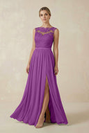 Lace A - Line Bateau Neck Chiffon Long Bridesmaid Dress in Amethyst - SHE IS ME Bridesmaid Dresses